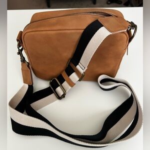 Tan Crossbody Bag with Black and Neutral Strap